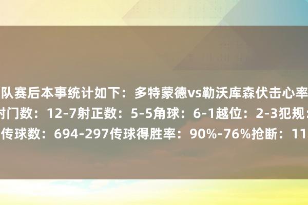 两队赛后本事统计如下：多特蒙德vs勒沃库森伏击心率图控球率：70%-30%射门数：12-7射正数：5-5角球：6-1越位：2-3犯规：8-6黄牌：1-2传球数：694-297传球得胜率：90%-76%抢断：11-15遏制：7-9突围：10-17体育录像/图片